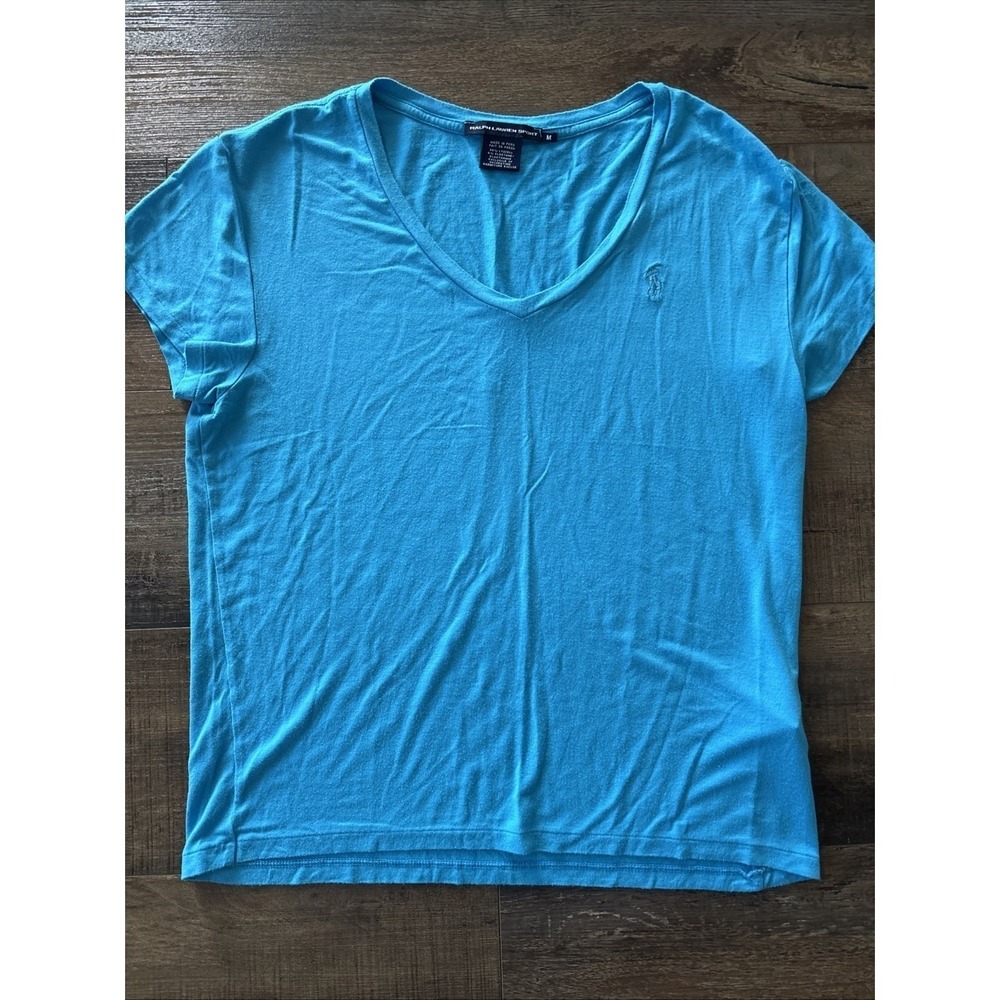 Size M Polo Ralph Lauren Sport Women's Blue Turquoise V-Neck T-Shirt Spring Pony